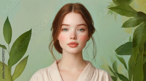 Portrait of a young woman with fair skin and red hair, wearing a light beige robe. She is framed by lush green foliage against a soft teal background. Soft, natural lighting enhances her features.
