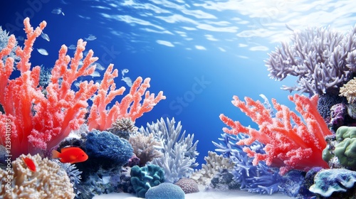 Vibrant Coral Reef Scene - A stunning underwater scene featuring vibrant coral formations and colorful fish in a clear blue ocean. photo