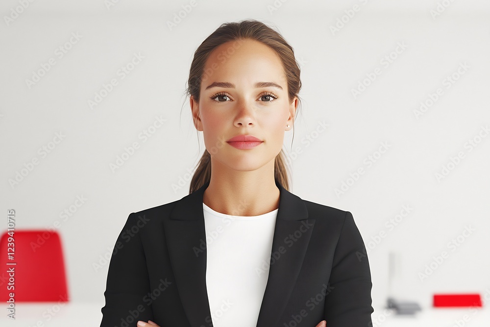 Professional woman in suit standing confidently in office Professional woman in suit standing confidently in office