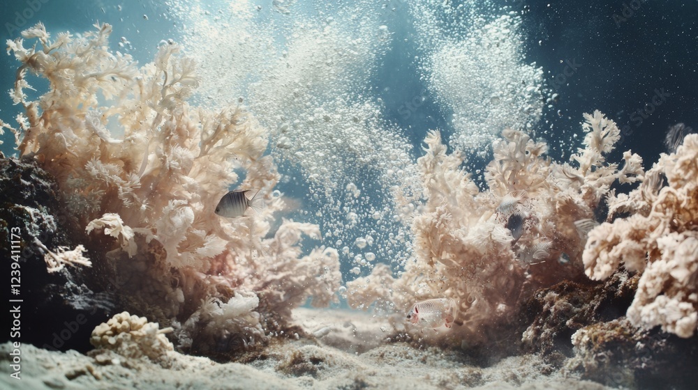 Fototapeta premium Coral reef underwater scene with soft light and bubbles