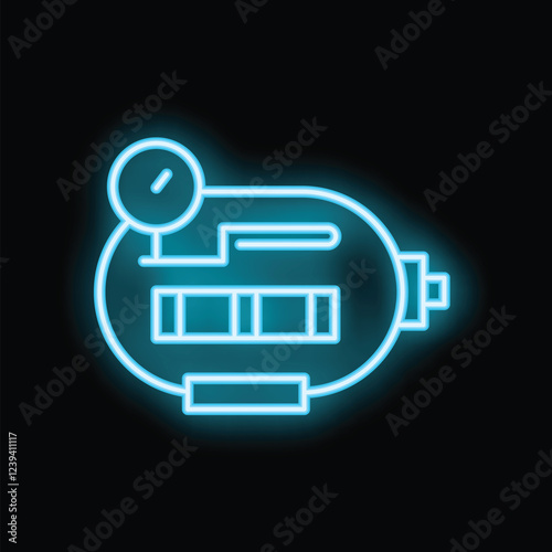 Blue glowing neon icon of a gas meter measuring gas consumption in a house