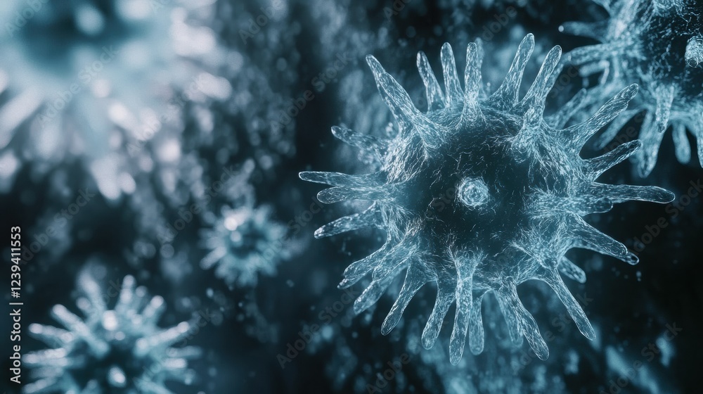 Fototapeta premium Microscopic view of respiratory virus infection causing serious lung disease in 3d medical representation. Generative AI