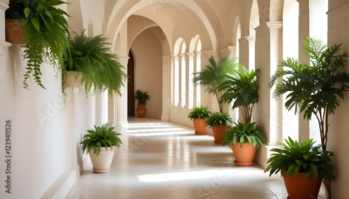 Un largo pasillo arqueado con paredes y columnas de piedra blanca, bordeado de plantas en macetas y vegetación a ambos lados, creando una atmósfera exuberante y natural photo