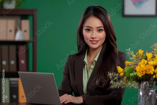 Asian business woman working on laptop in office