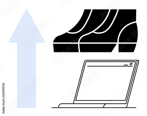 Footsteps heading upwards beside a computer window browser. Ideal for themes of digital progress, online success, step-by-step growth, career advancement, web development, upward momentum, tech