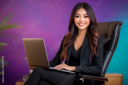 Asian business woman working on laptop in office