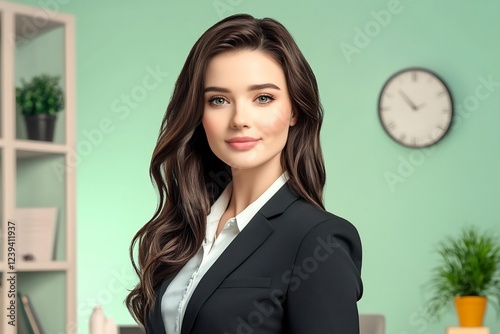 Professional woman in suit standing confidently in office