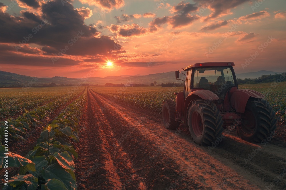 Fototapeta premium Breathtakingly, the sunset's golden light transforms a vast yam harvest into a panoramic spectacle