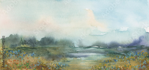 Ink watercolor, pastel hand drawn smoke flow stain blot nature landscape on wet paper texture background.