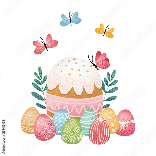 Easter cake with icing surrounded by decorated eggs, green leaves, and butterflies. Cute cartoon illustration. Easter celebration and holiday design for greeting card, invitation, banner, poster.