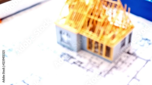 House Construction Model on Blueprint:  A Visual Representation of Home Building Process