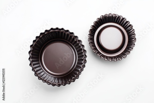 Isolated cake mold on white background empty space Metal baking cup overhead view