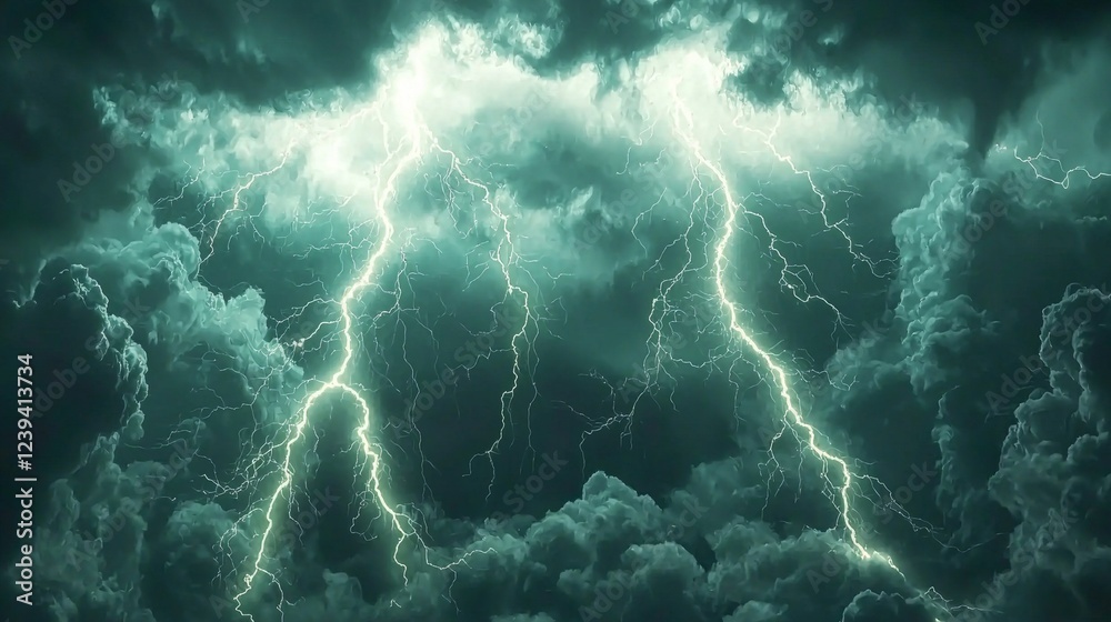 Intense thunderstorm clouds with vivid lightning strikes illuminated in a darkened sky Intense thunderstorm clouds with vivid lightning strikes illuminated in a darkened sky
