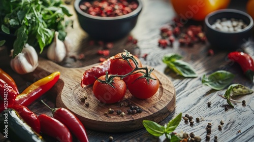 Fresh tomatoes and peppers on a dark rustic background