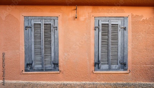 weathered gray wooden shutters on a rustic peach stucco wall