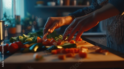 Hands preparing food on wooden cutting board.