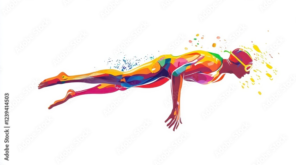 Obraz premium Colorful Abstract Swimmer in Dynamic Pose with Splashing Paint Effects