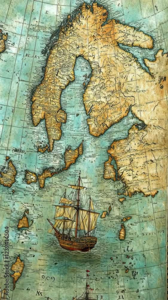 Detailed antique map of Scandinavia with a sailing ship illustrated in the waters