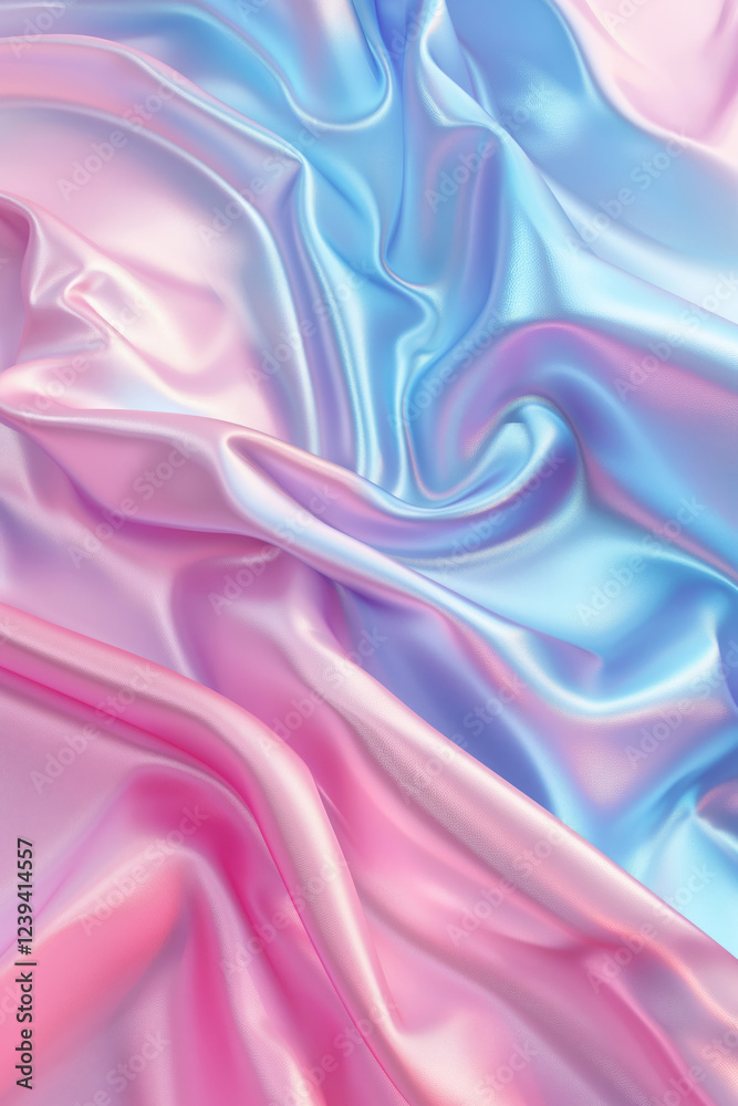 Obraz premium A close-up of flowing iridescent satin fabric in soft pastel shades of pink and blue, creating a luxurious and elegant texture.