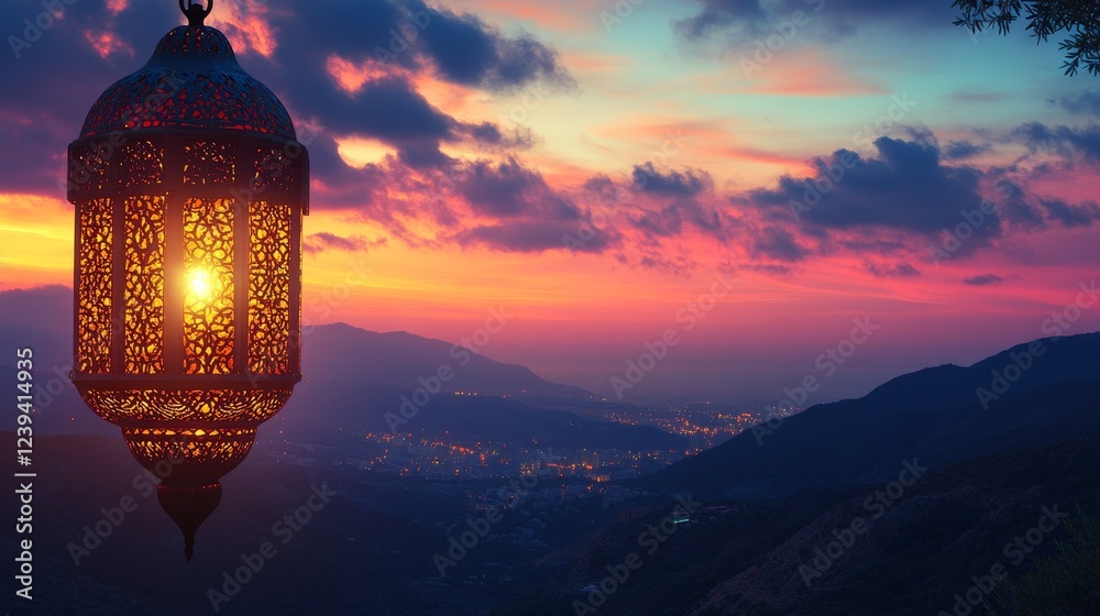 Fototapeta premium Ramadan Kareem: The twilight is illuminated by a warm lantern's magical, festive glow
