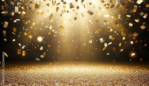 golden confetti rain on festive stage with light beam in the middle, empty room at night mockup with copy space for award ceremony, jubilee, New Year's party or product presentations