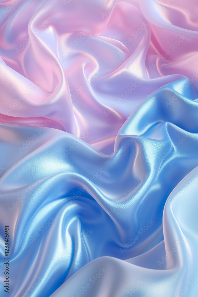 Obraz premium A close-up of flowing iridescent satin fabric in soft pastel shades of pink and blue, creating a luxurious and elegant texture.