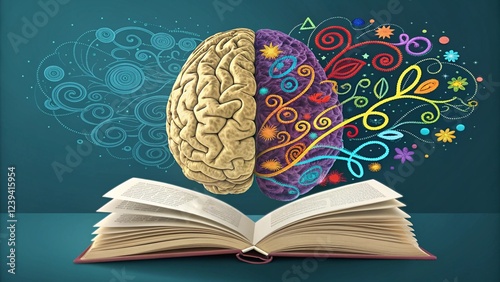 book with brain and book, creative brain and knowledge fusion: a surreal illustration of learning and intelligence