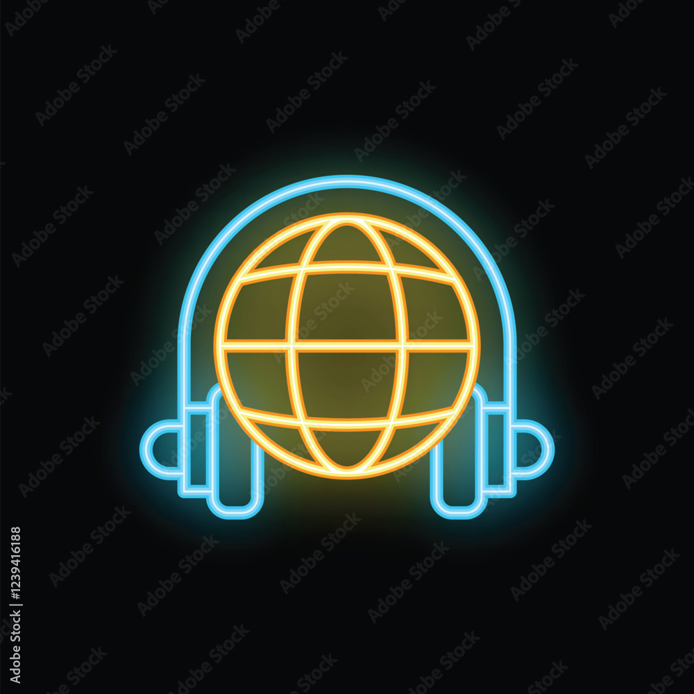 Neon headphones holding a glowing globe, representing the concept of global music streaming and international sound Neon headphones holding a glowing globe, representing the concept of global music streaming and international sound