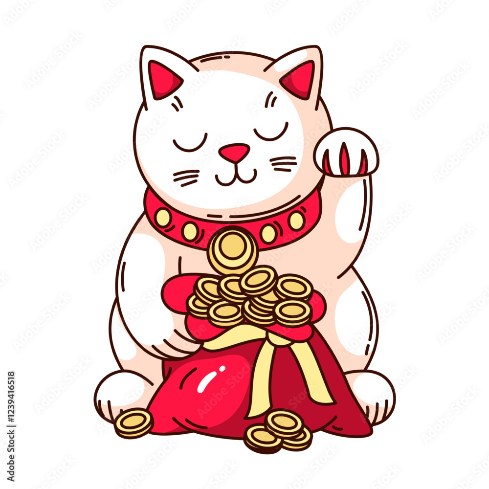 Fototapeta premium Groovy cartoon Maneki Neko lucky cat character with money bag. Funny retro rich kitty waving paw. Chinese New Year toy, luck mascot, cartoon lucky cat sticker of 70s 80s style vector illustration