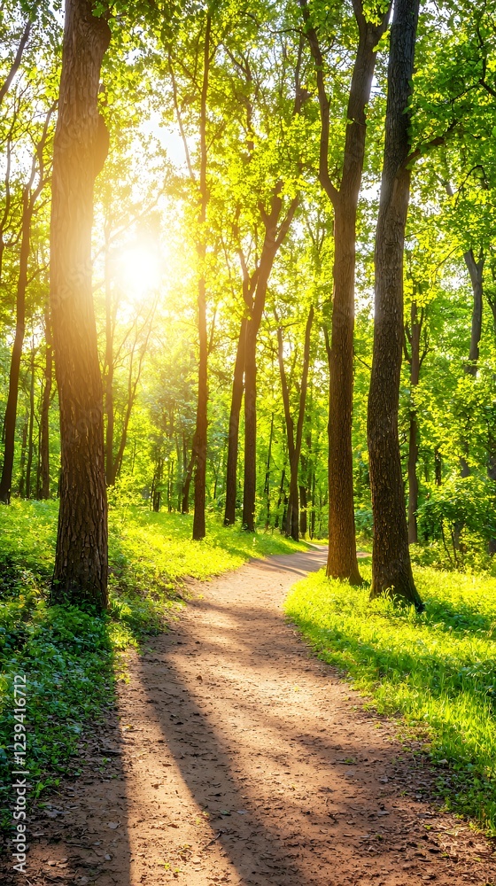 Fototapeta premium Sunlit Path Through a Lush Green Forest