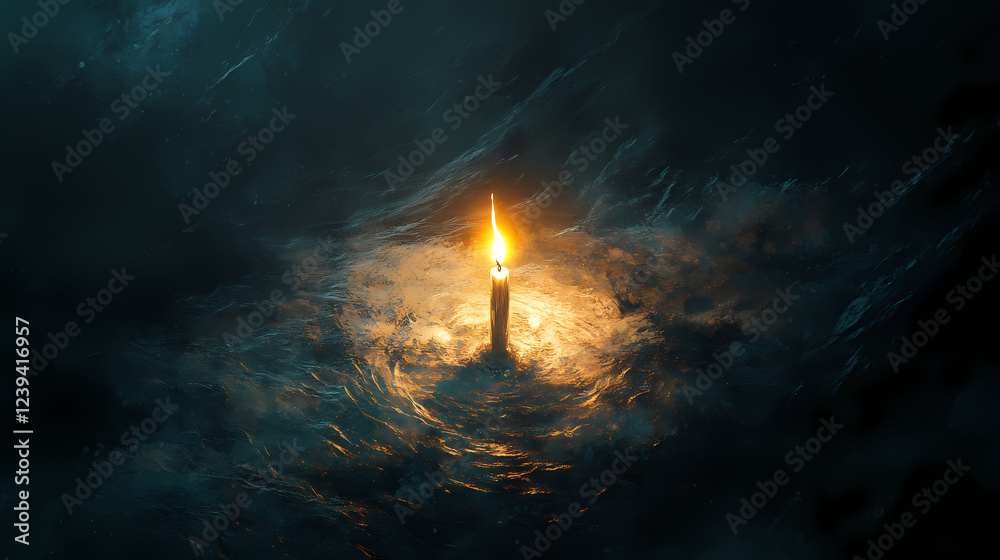 Fototapeta premium A small candle with a large flame illuminates the space, dark, light source. Light Source. Illustration