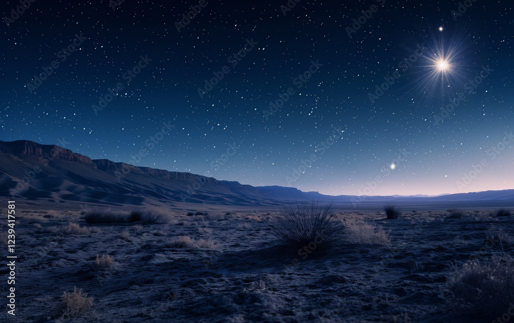 Fototapeta premium A serene night sky filled with stars over rolling desert hills. Perfect for themes of tranquility, stargazing, and natural wonders.