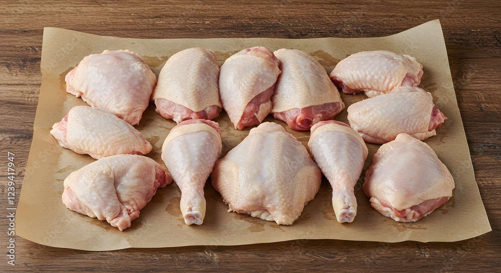 Raw Chicken Pieces Ready for Cooking on Brown Paper Raw Chicken Pieces Ready for Cooking on Brown Paper