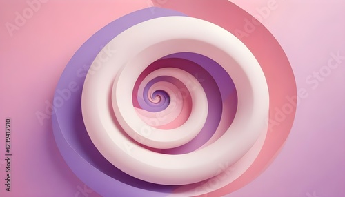 Una colorida forma de espiral abstracta con tonos rosa pastel, morado y blanco sobre un fondo rosa suave photo