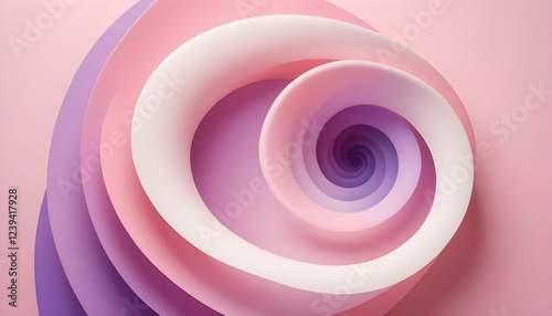 Una colorida forma de espiral abstracta con tonos rosa pastel, morado y blanco sobre un fondo rosa suave