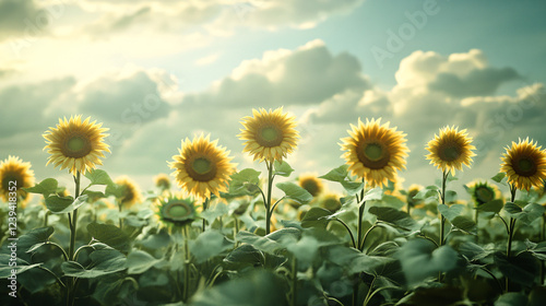 A surreal field of floating sunflowers on long stems, suspended in mid-air against a backdrop of soft clouds, blending nature with dreamlike elements. 