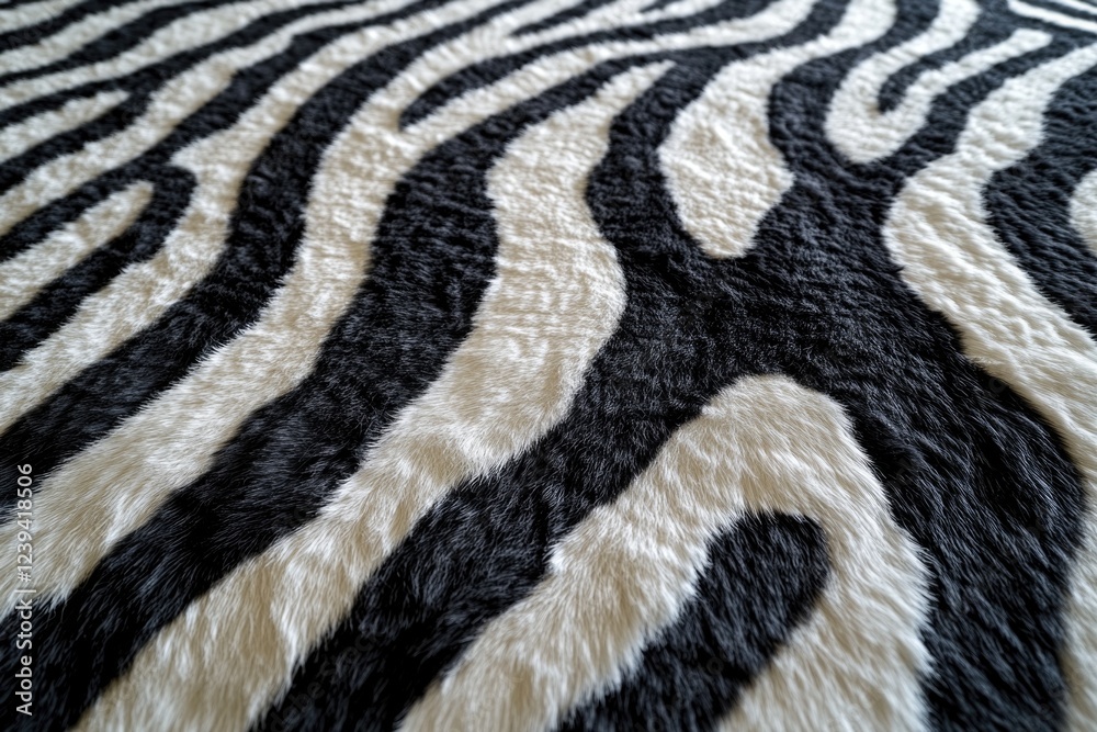 A zebra print rug with black and white stripes. The rug is made of animal fur and has a fuzzy texture A zebra print rug with black and white stripes. The rug is made of animal fur and has a fuzzy texture