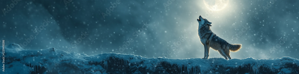 Obraz premium A lone wolf howling at the moon on a snowy night, with snowflakes falling and a cloudy sky.