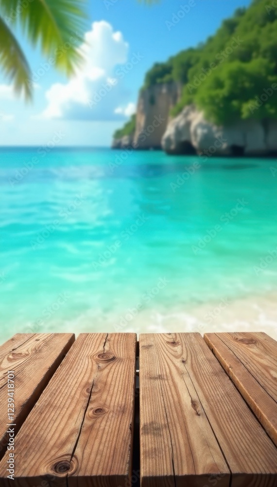 Fototapeta premium Rustic wood tabletop over blurry turquoise sea and bright sky, sun, table