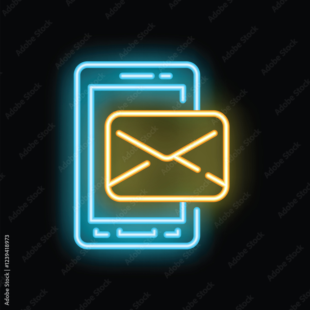 Blue and yellow neon icon of a smartphone receiving a new email notification on a black background Blue and yellow neon icon of a smartphone receiving a new email notification on a black background