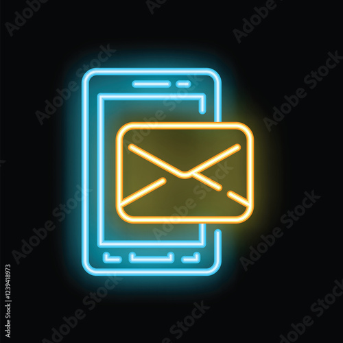 Blue and yellow neon icon of a smartphone receiving a new email notification on a black background