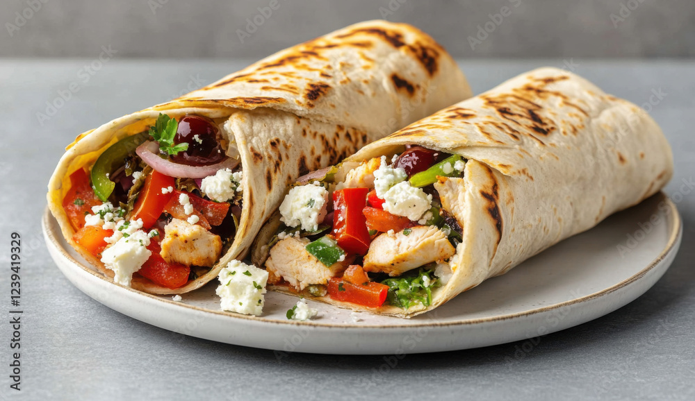 Wrap sandwich with grilled vegetables and feta cheese on a plate. Grey background. Copy space. Wrap sandwich with grilled vegetables and feta cheese on a plate. Grey background. Copy space.