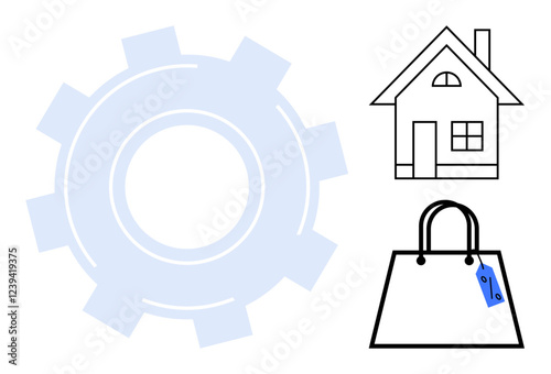 House icon, shopping bag with tagged price, and semi-transparent gear. Ideal for e-commerce, real estate, technology integration, online shopping, home services, product development consumer goods