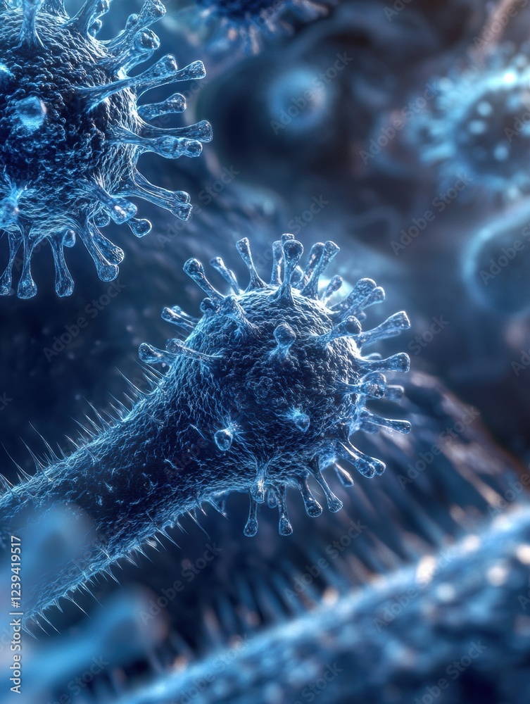 Fototapeta premium Advanced 3D illustration of respiratory virus infection impacting lung cells in a medical context. Generative AI