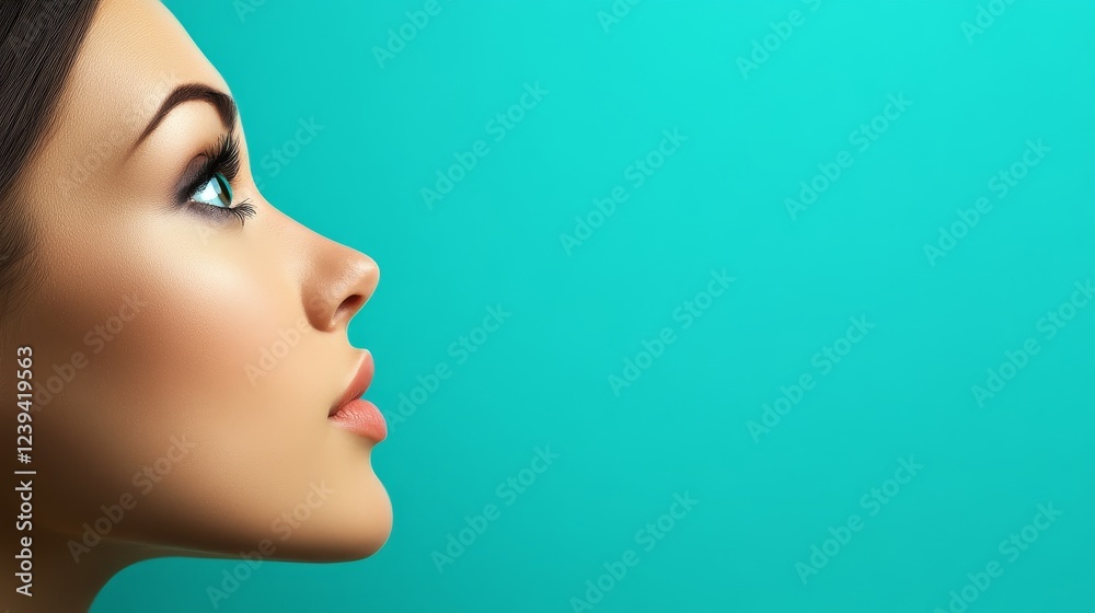 Obraz premium Woman's Profile, Upward Gaze, Skin Texture Beauty - A beautiful woman's profile is shown, gazing upward. The image showcases flawless skin texture