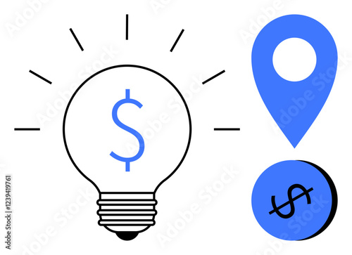 Light bulb with dollar sign and blue location pin, dollar sign coin representing financial creativity and strategic placement. Ideal for business, investment, growth, innovation, strategy, finance