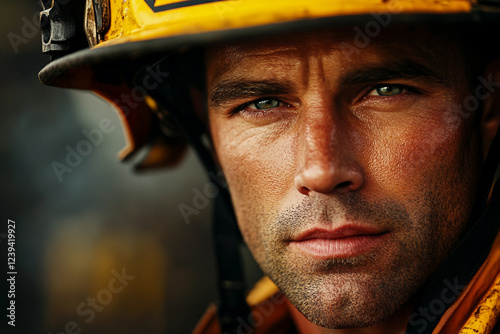 Generative AI Portrait of a Dedicated Firefighter with Intense Expression Highlighting Courage and Bravery photo