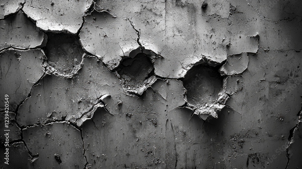 Obraz premium Cracked concrete surface displays deep holes and peeling paint, showcasing the beauty of decay in a forgotten urban setting. Shadows play, enhancing the detailed textures and patterns