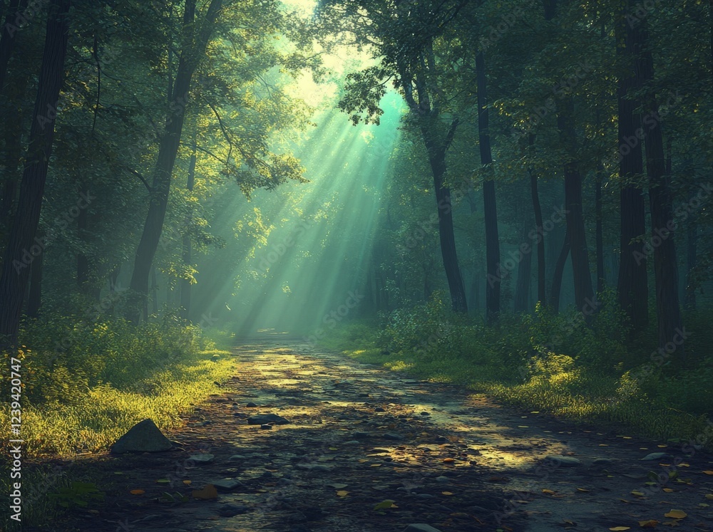 Fototapeta premium Lush woodlands of the mystical forest are home to winding trails that lead to an enchanting journey
