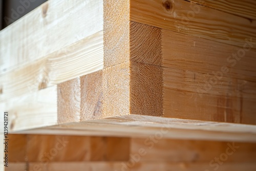 Joint of two varnished square section glued laminated timber walls